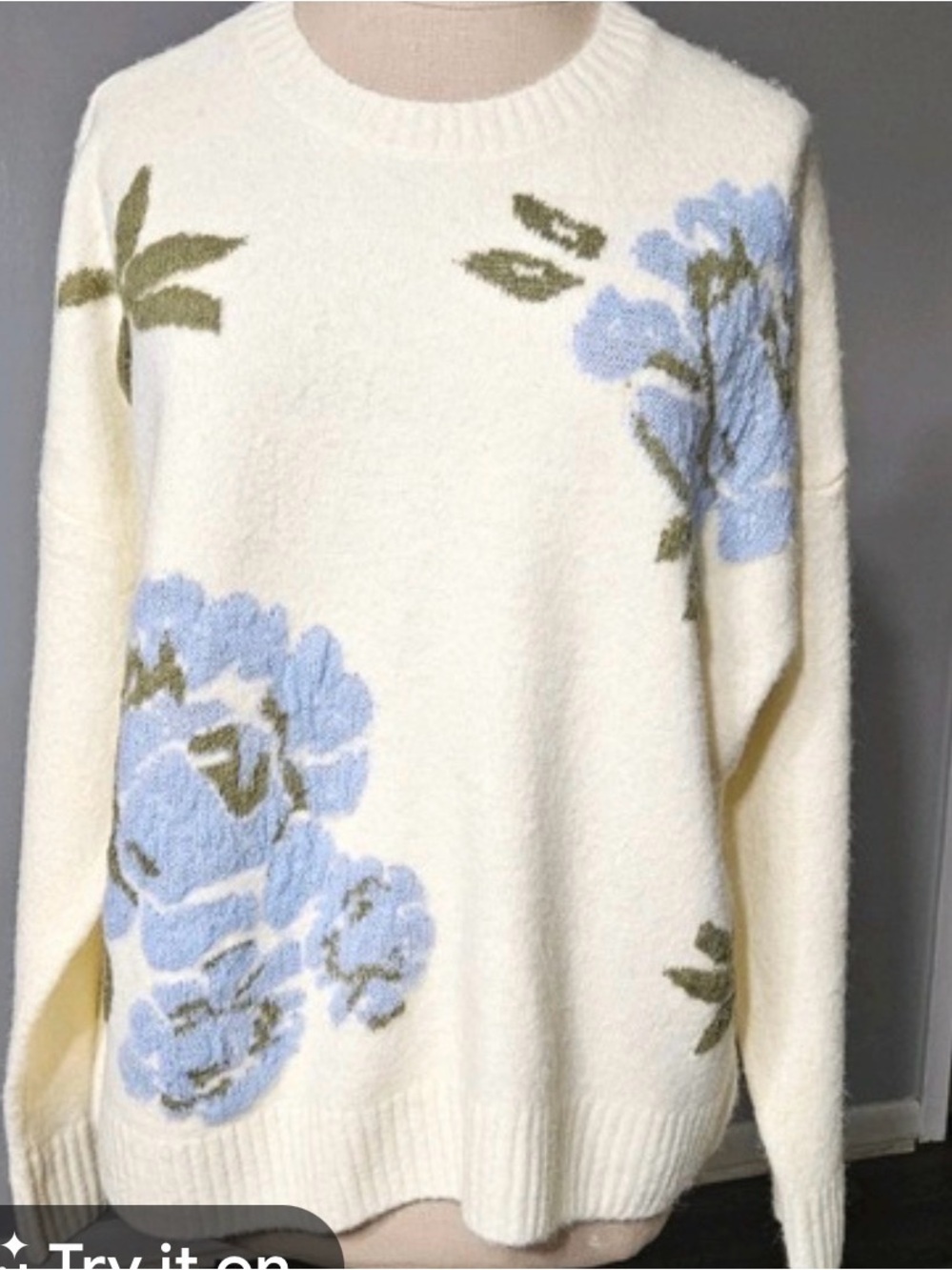 Ted Baker London Cream Crewneck Sweater with Blue Floral Motif